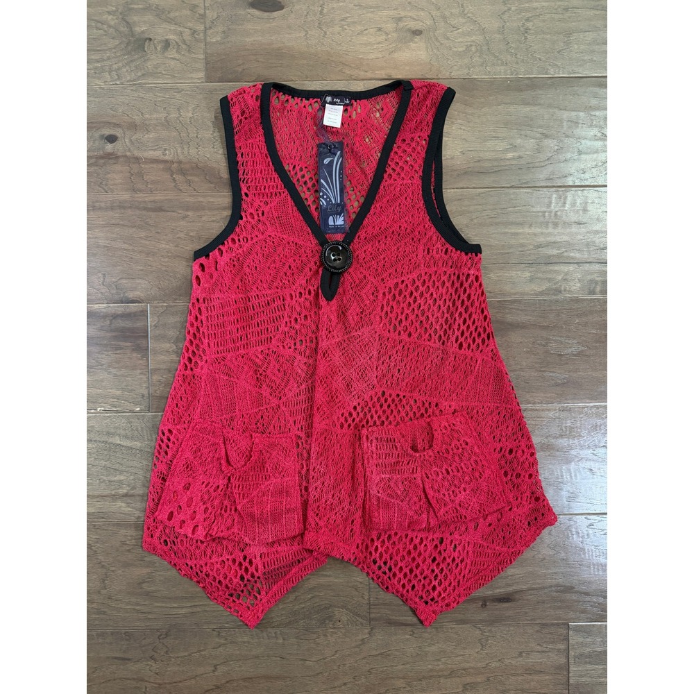 Lily‎ by Firmiana Red Crochet Knit Vest Sharkbite Hem Single Button Small L1204